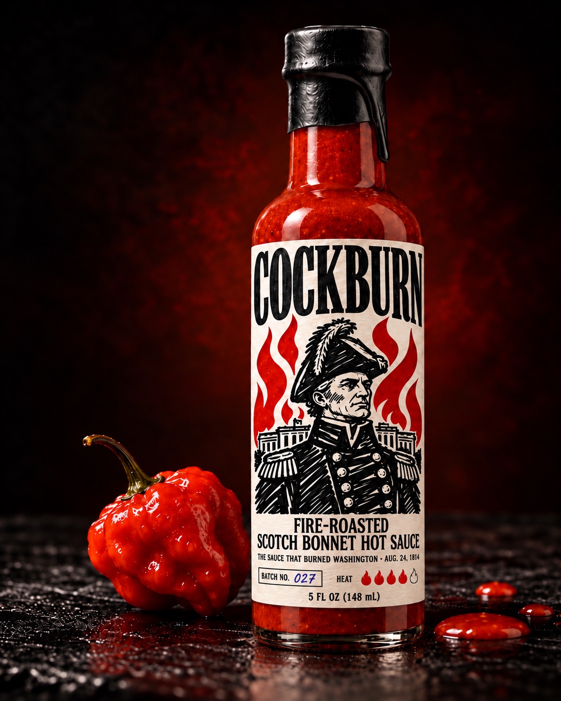 Cockburn Scotch bonnet hot sauce with a black wax cap. The label shows a hand-drawn marker sketch of the admiral before the White House, and the flames are die-cut so the red sauce shows through.